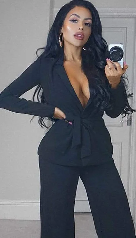 Tied Front Belted Blazer In Black