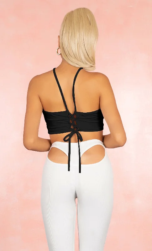 Wild Ways Bralette Black Spaghetti Strap Open Front Cut Out Keyhole Cross Neck Lace Up Tie Back Crop Top